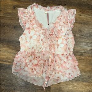 NWOT Boho ruffle tie front floral sleeveless pink top valentines spring XS